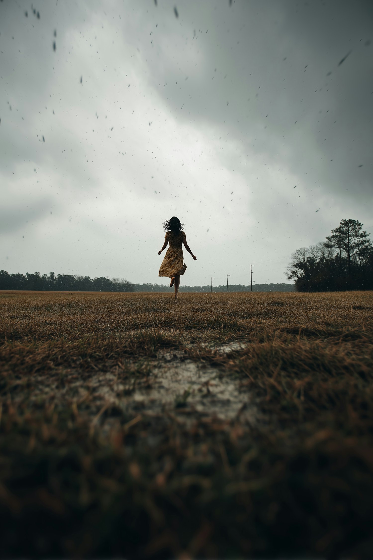 Woman Running in Storm
