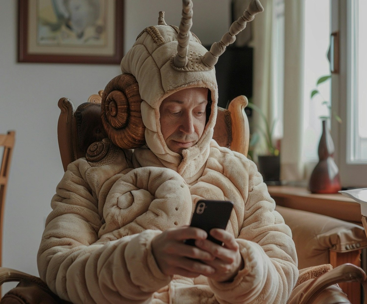 Man in Sheep Costume Using Smartphone