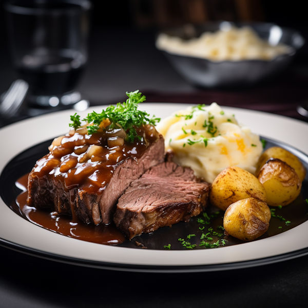 Herb-Garnished Mashed and Roasted Potatoes with Onion Gravy-Topped Medium Rare Beef Slice