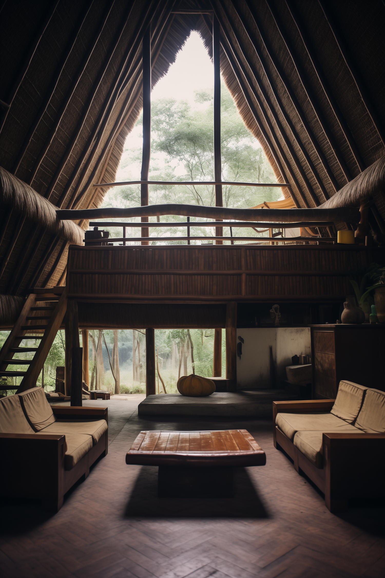 Rustic Charm High-Ceiling Lounge