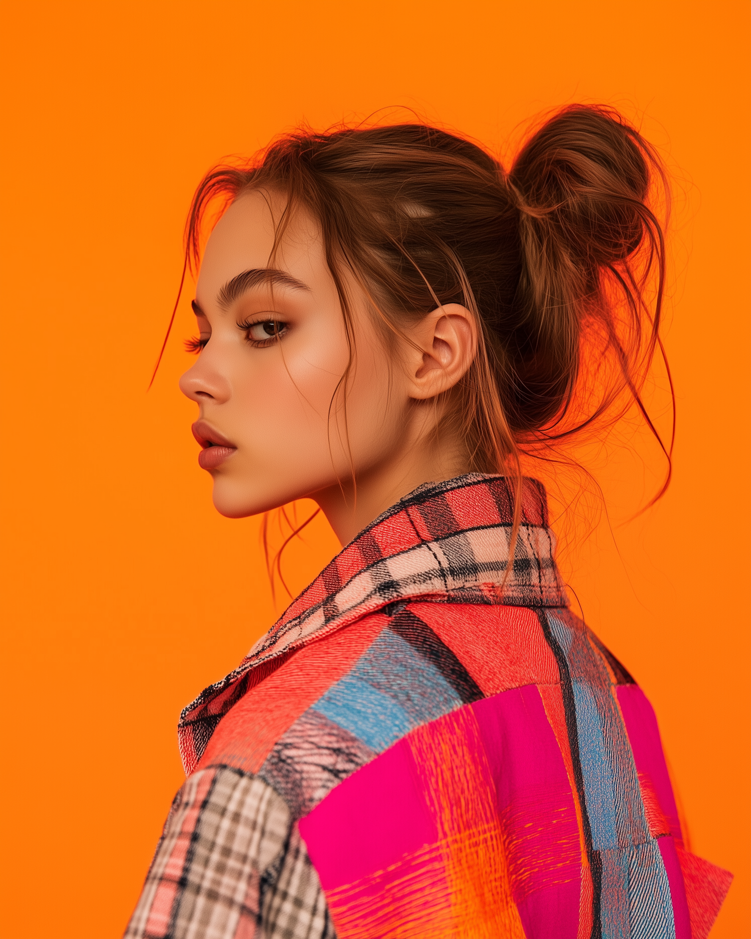 Profile of a Young Woman Against Orange Background