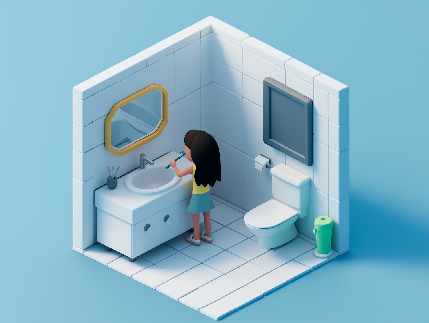 Stylized 3D Bathroom Routine