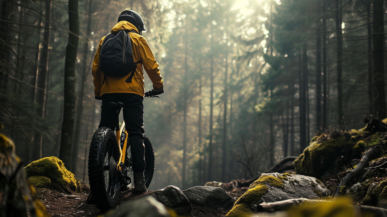 Contemplative Biker in Forested Trail