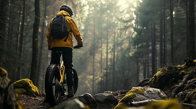 Contemplative Biker in Forested Trail