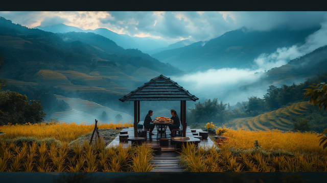 Serene Conversation at a Rustic Gazebo