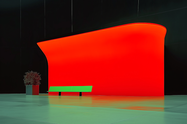 Minimalist Red Structure with Green Bench