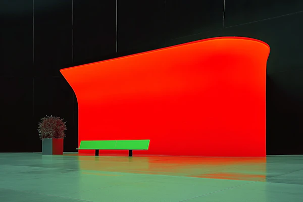 Minimalist Red Structure with Green Bench
