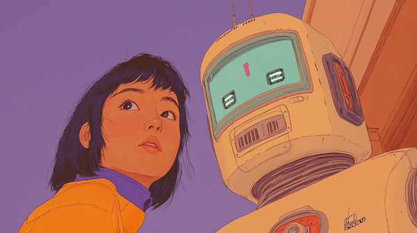 Contemplative Youth with Retro Robot