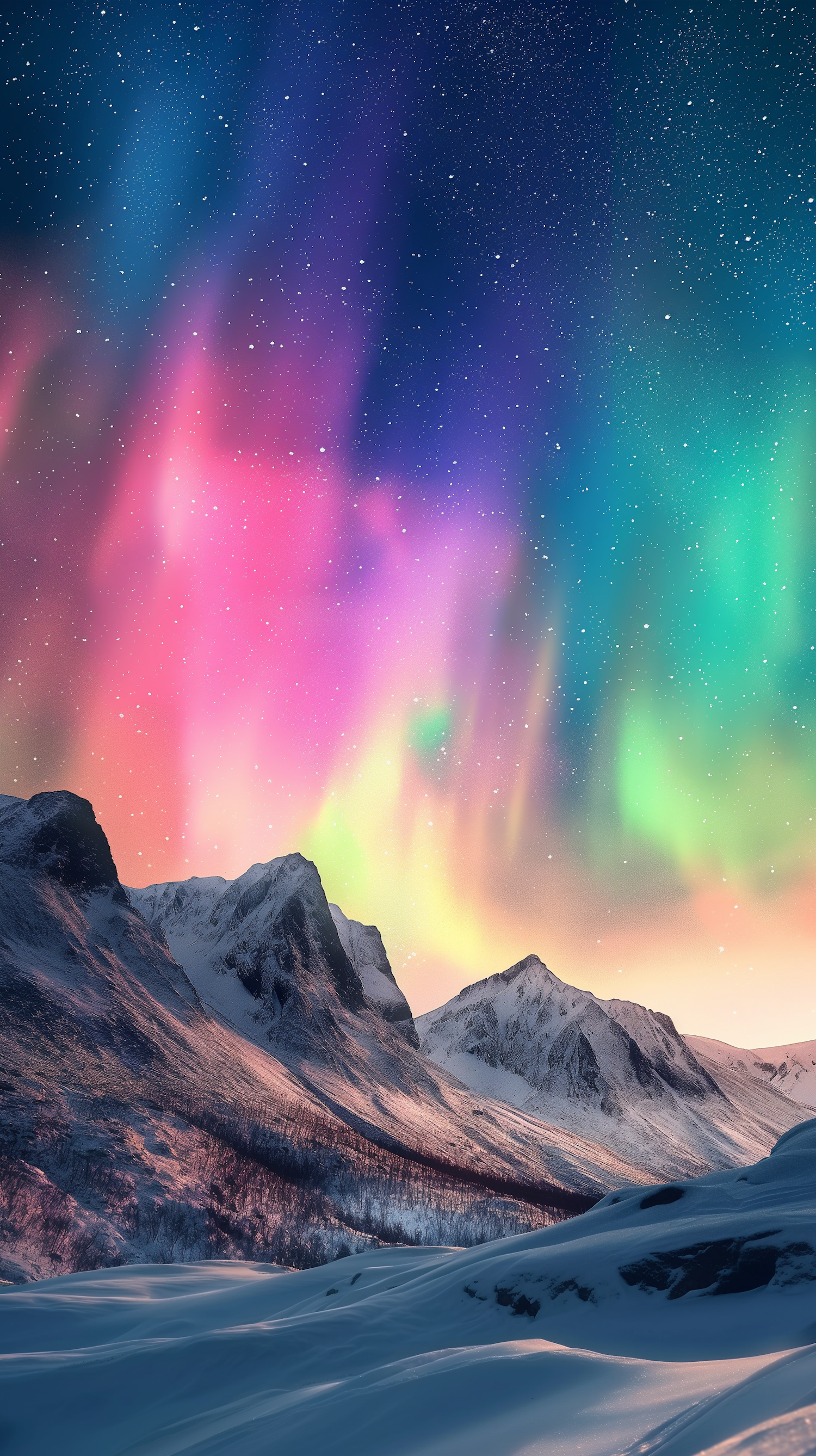 Ethereal Northern Lights Over Snow-Covered Mountains