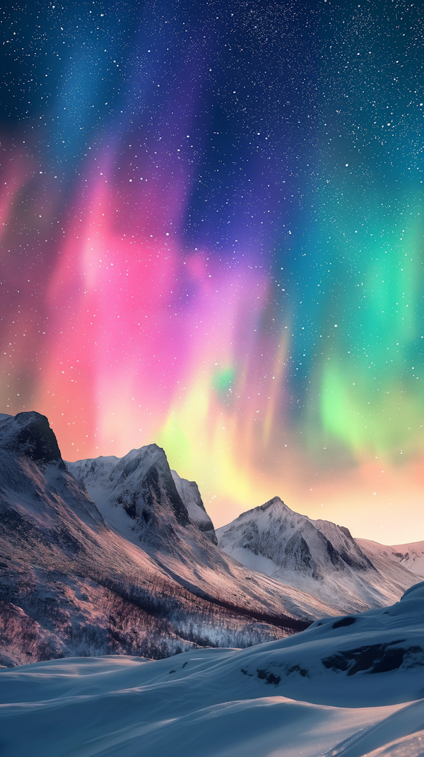 Ethereal Northern Lights Over Snow-Covered Mountains