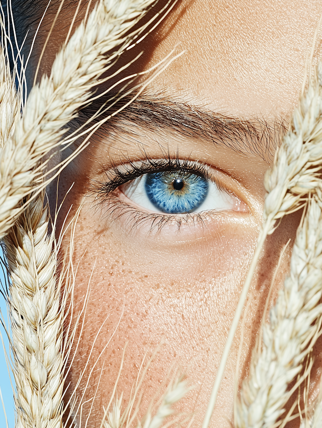 Striking Blue Eye Amidst Wheat Stalks