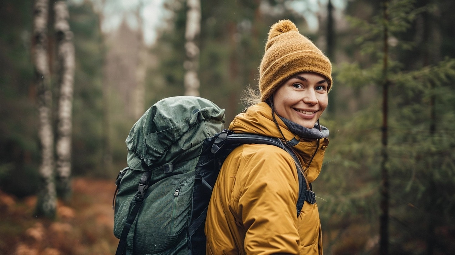 Cheerful Woman Hiking in the Forest