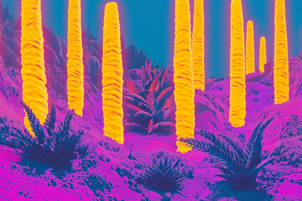 Surreal Vibrant Landscape of Towering Yellow Structures