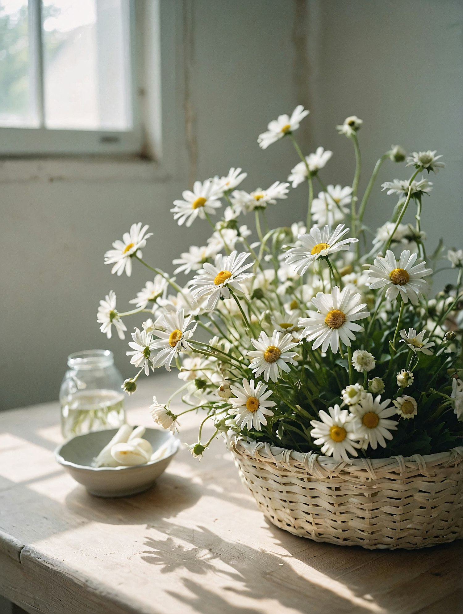 Basket of Daisies on Wooden Table