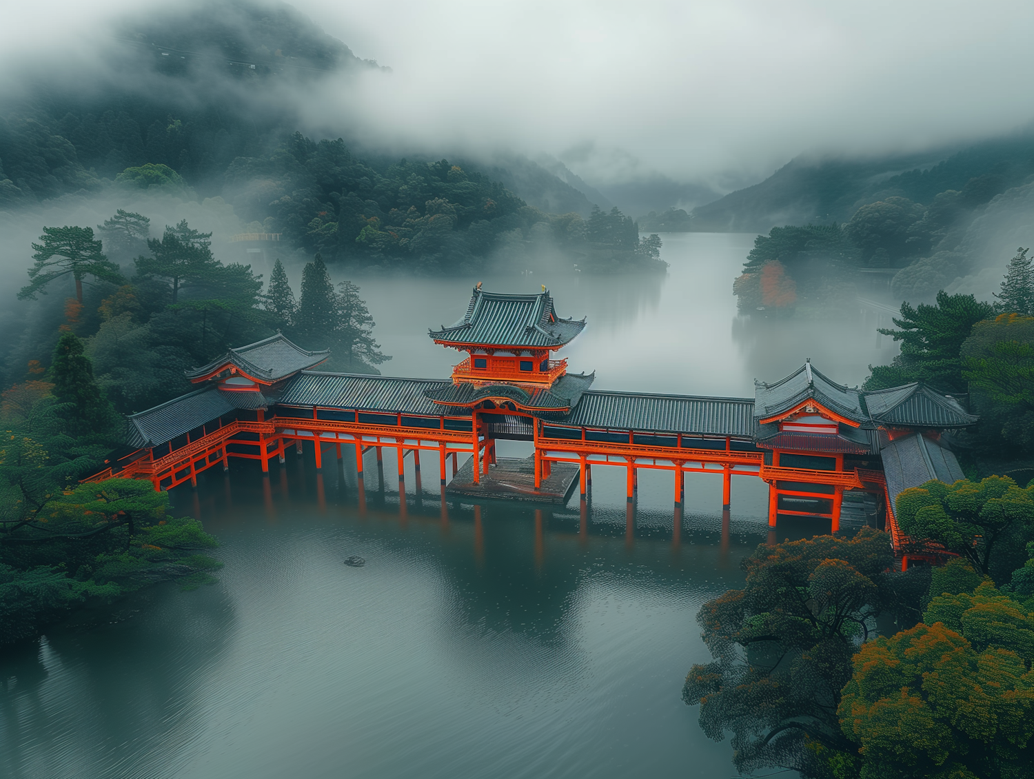 Serene Japanese Shrine on Lake