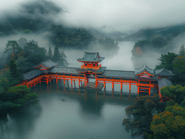 Serene Japanese Shrine on Lake