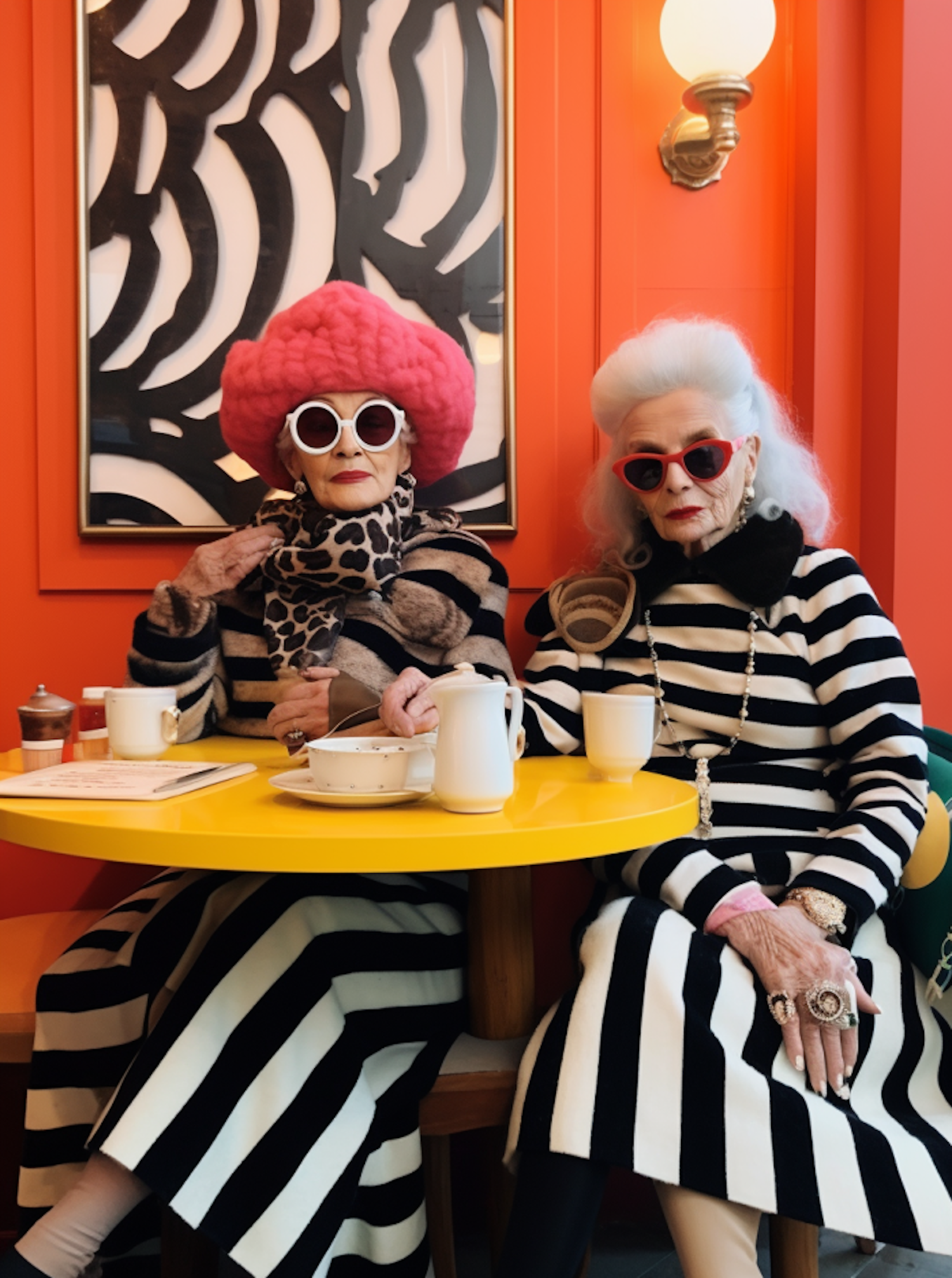 Chic Senior Fashionistas at a Vivid Café