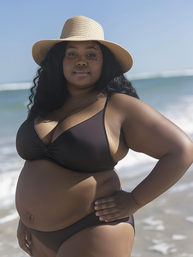 Confident Woman Posing on Sunny Beach