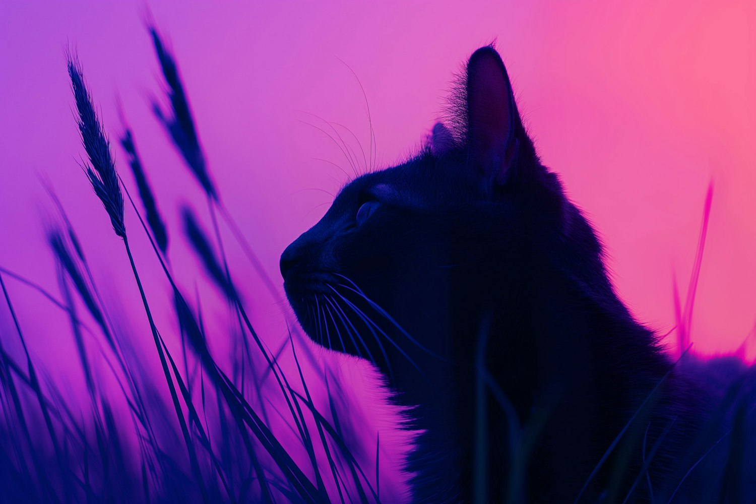 Contemplative Cat Against Magenta-Purple Gradient