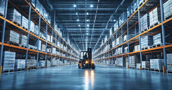 Industrial Warehouse Interior with Worker on Forklift