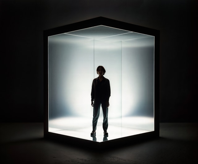 Silhouetted Person in Illuminated Glass Cube