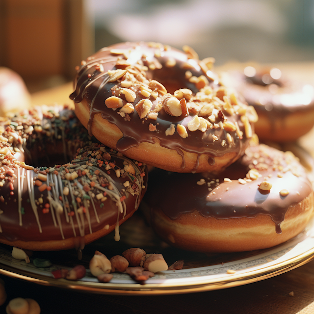 Gourmet Chocolate Glazed Donuts with Nut and Sprinkle Toppings