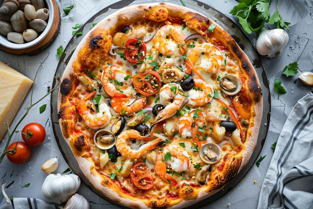 Fresh Seafood Pizza on Rustic Table