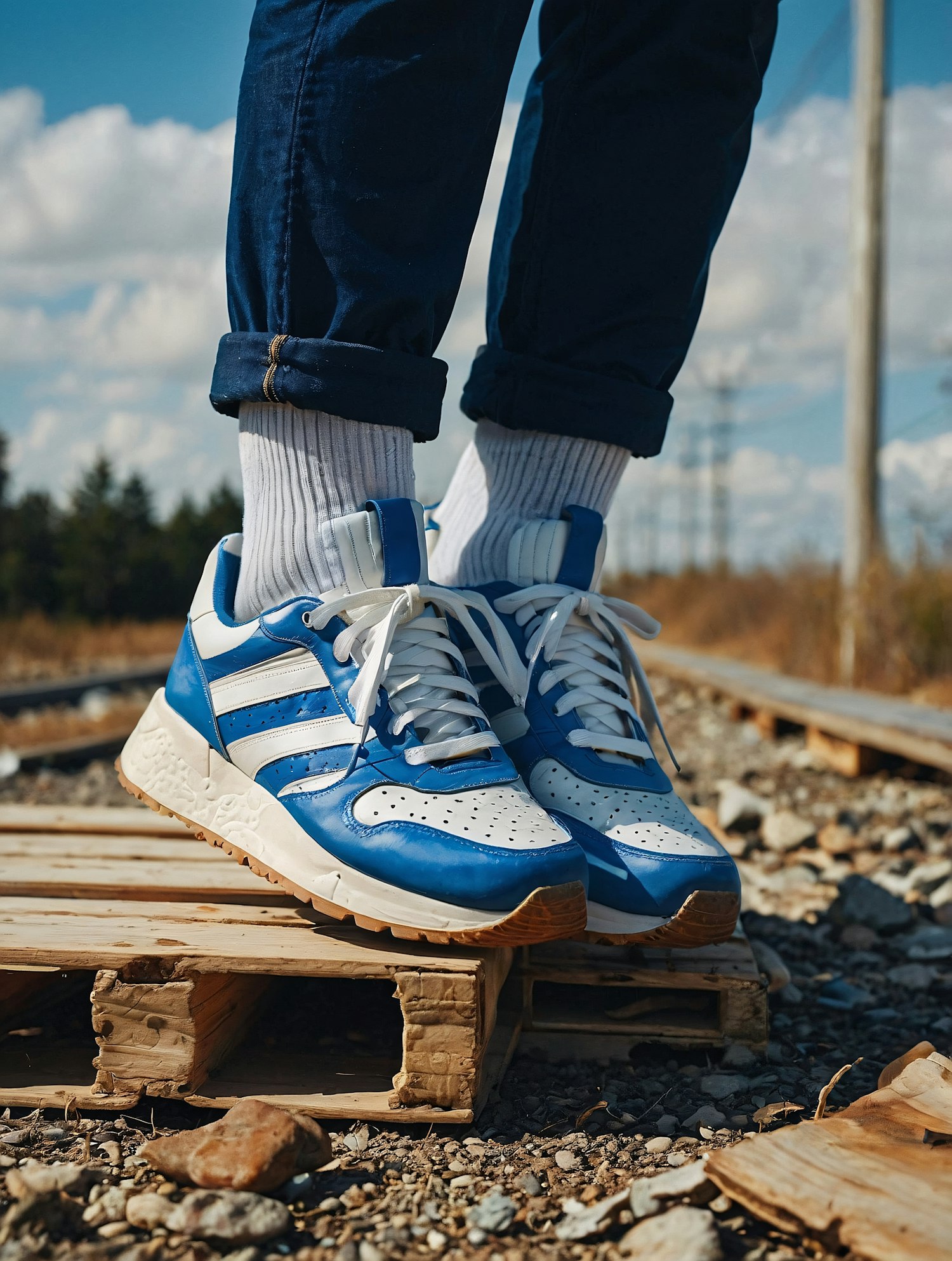 Close-up of Sneakers on Wooden Pallet