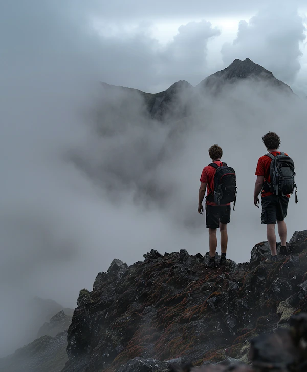 Contemplative Hikers on Foggy Mountain
