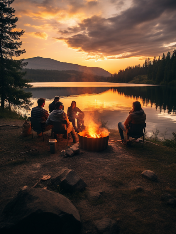 Twilight Camaraderie by the Lakeside Campfire