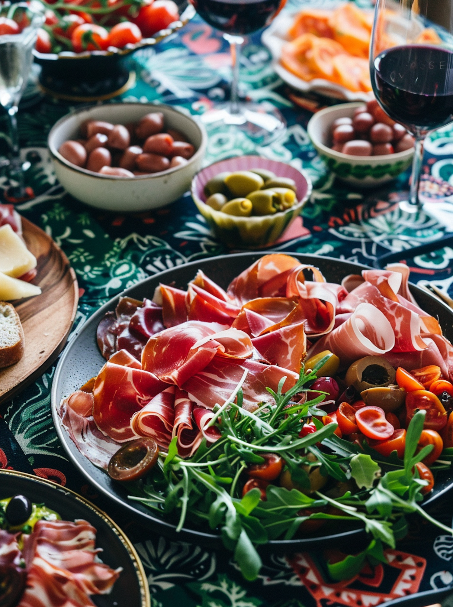 Gourmet Food Spread with Wine