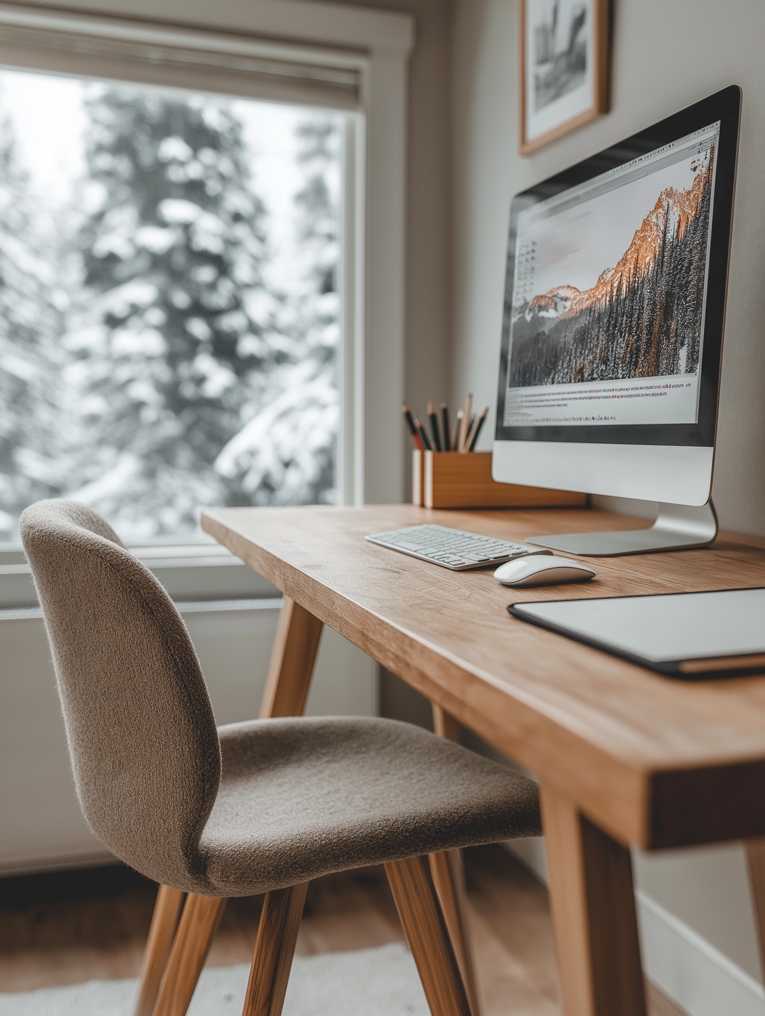 Cozy Workspace with Snowy View