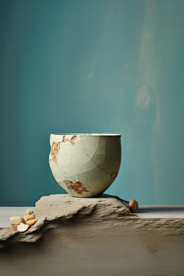 Kintsugi Elegance: Cracked Bowl and Pale Stones Still Life