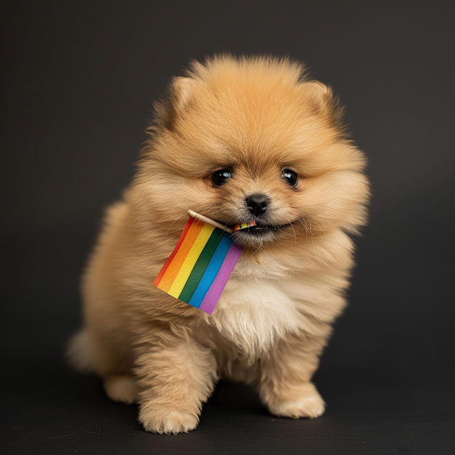 Pomeranian Puppy with Rainbow Flag