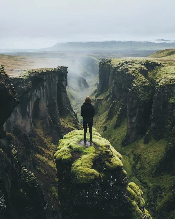Solitary Figure on Moss-Covered Cliff
