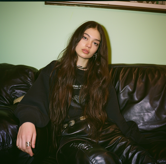 Young Woman on Leather Sofa