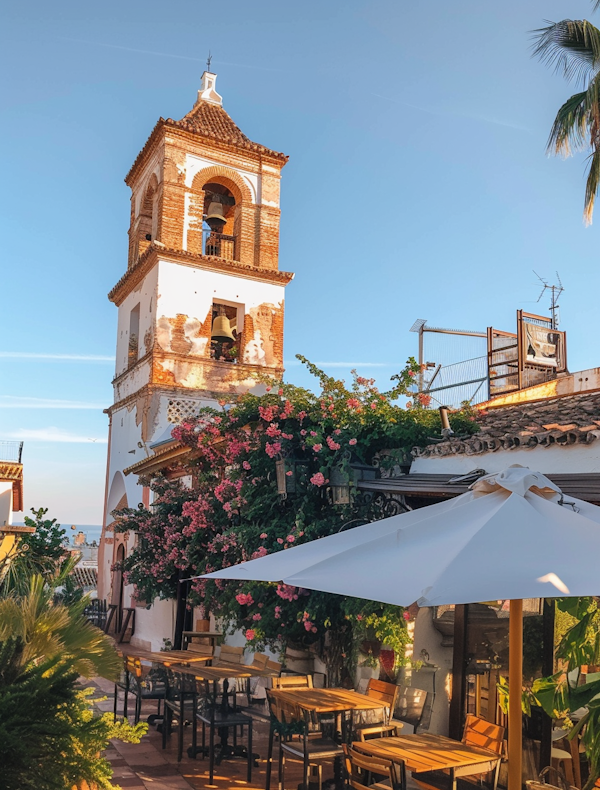 Serene Outdoor Dining by Historic Tower