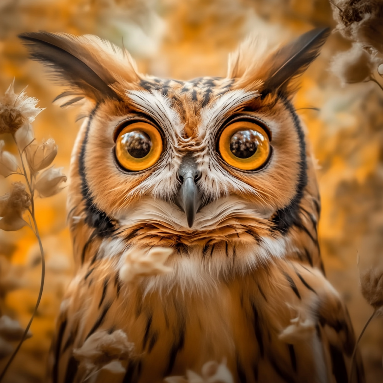 Close-up of an Owl with Bright Yellow Eyes