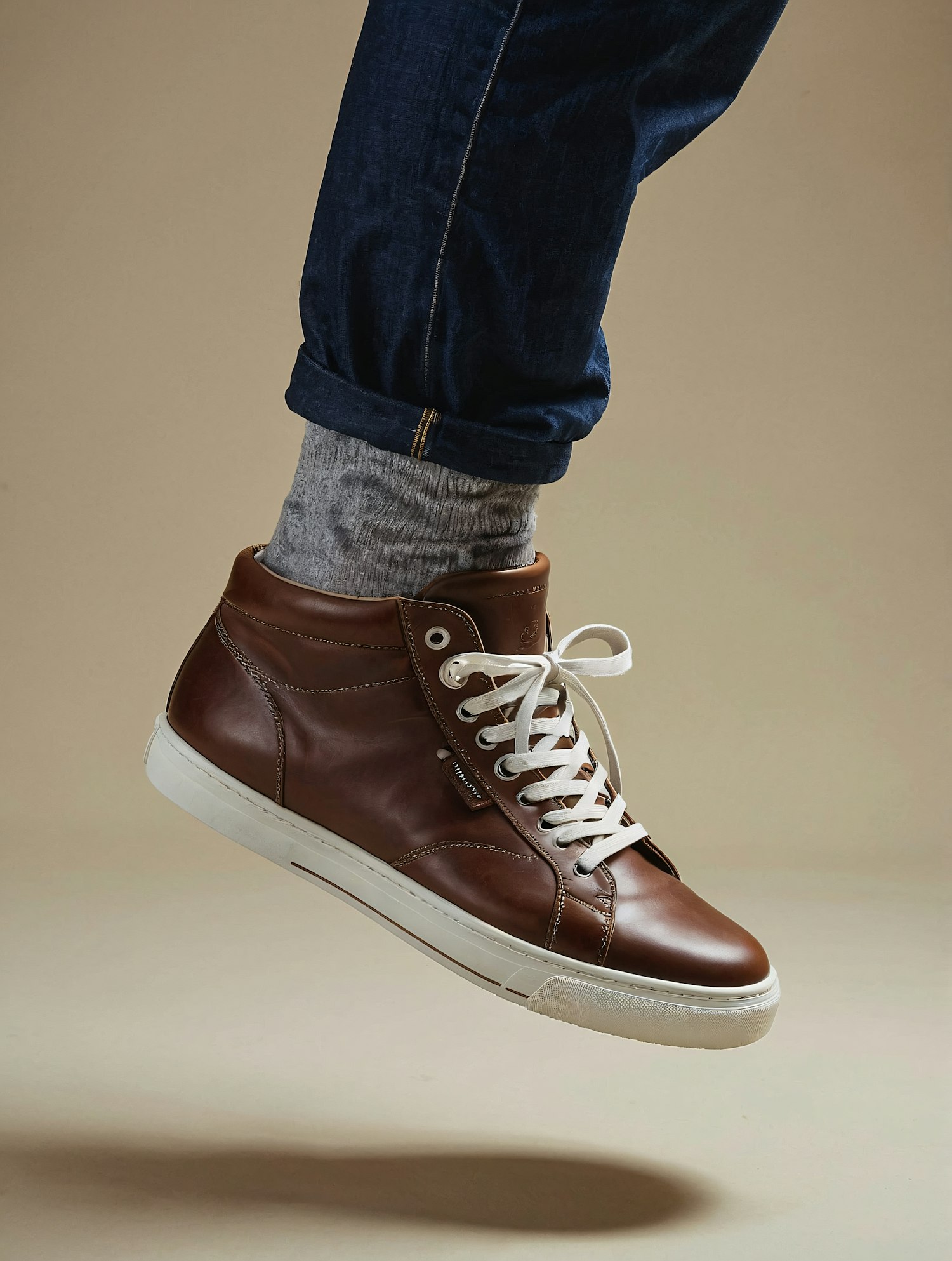 Brown Leather High-Top Sneaker Close-Up