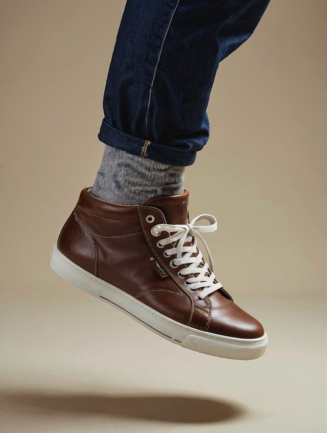 Brown Leather High-Top Sneaker Close-Up