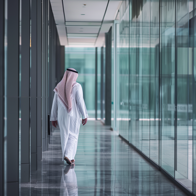 Man in Traditional Arab Attire Walking in Modern Corridor