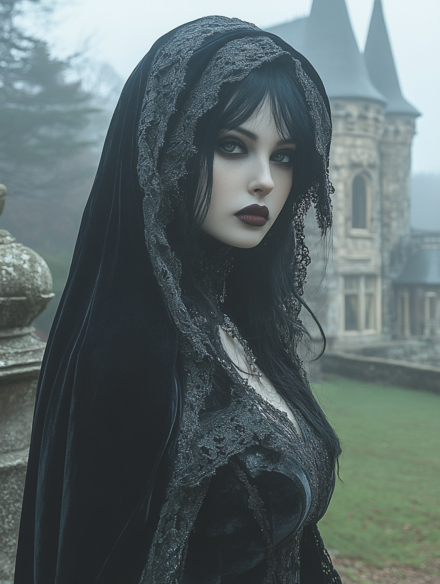 Gothic Woman in Misty Castle