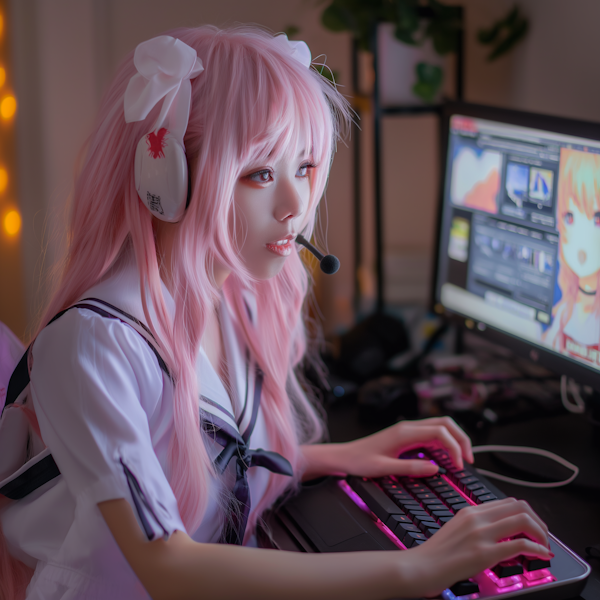 Cosplay Gamer with Pastel Pink Hair