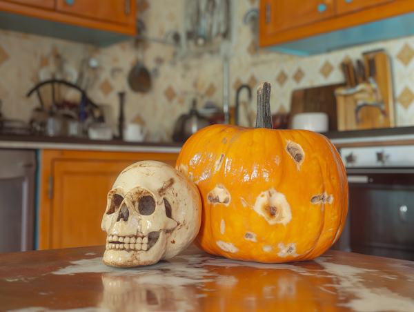 Skull and Pumpkin on Kitchen Countertop