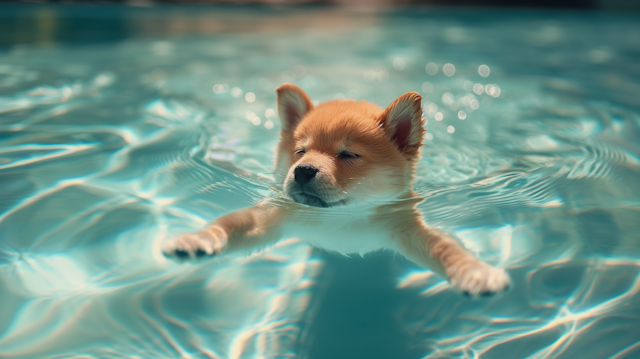 Serene Puppy Swimming in Sunlit Pool