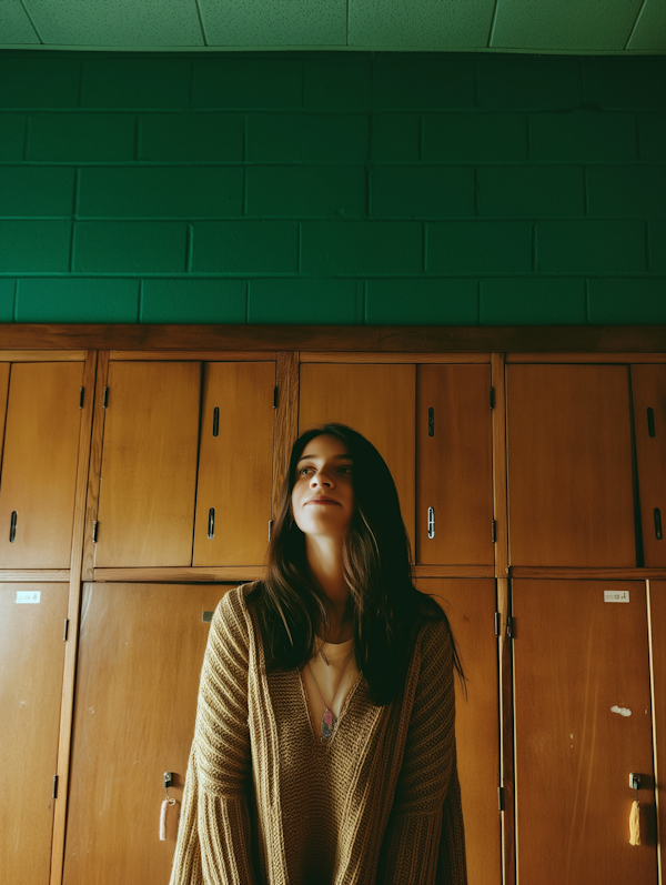 Contemplative Woman by Green Lockers