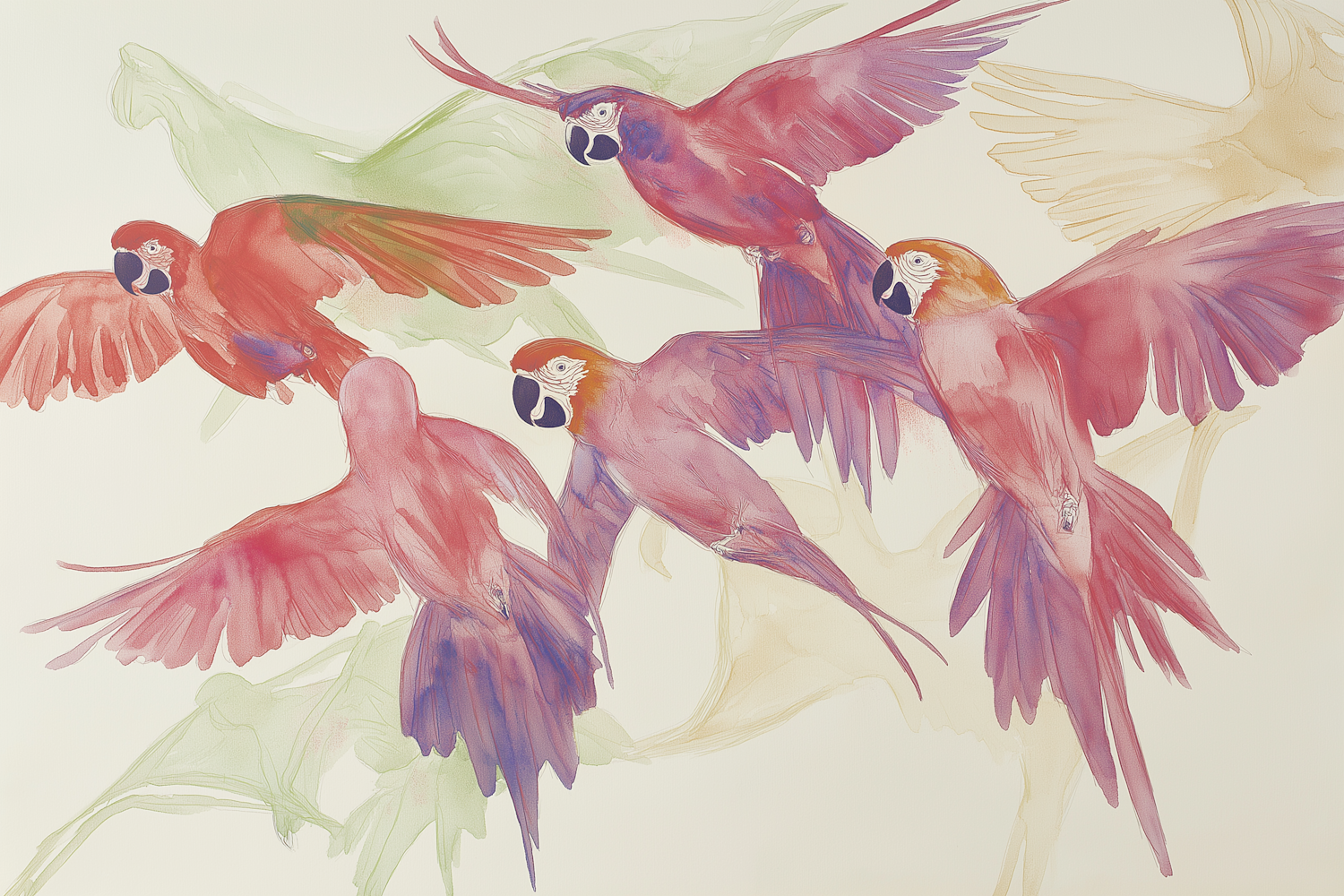 Watercolor Flight of Parrots