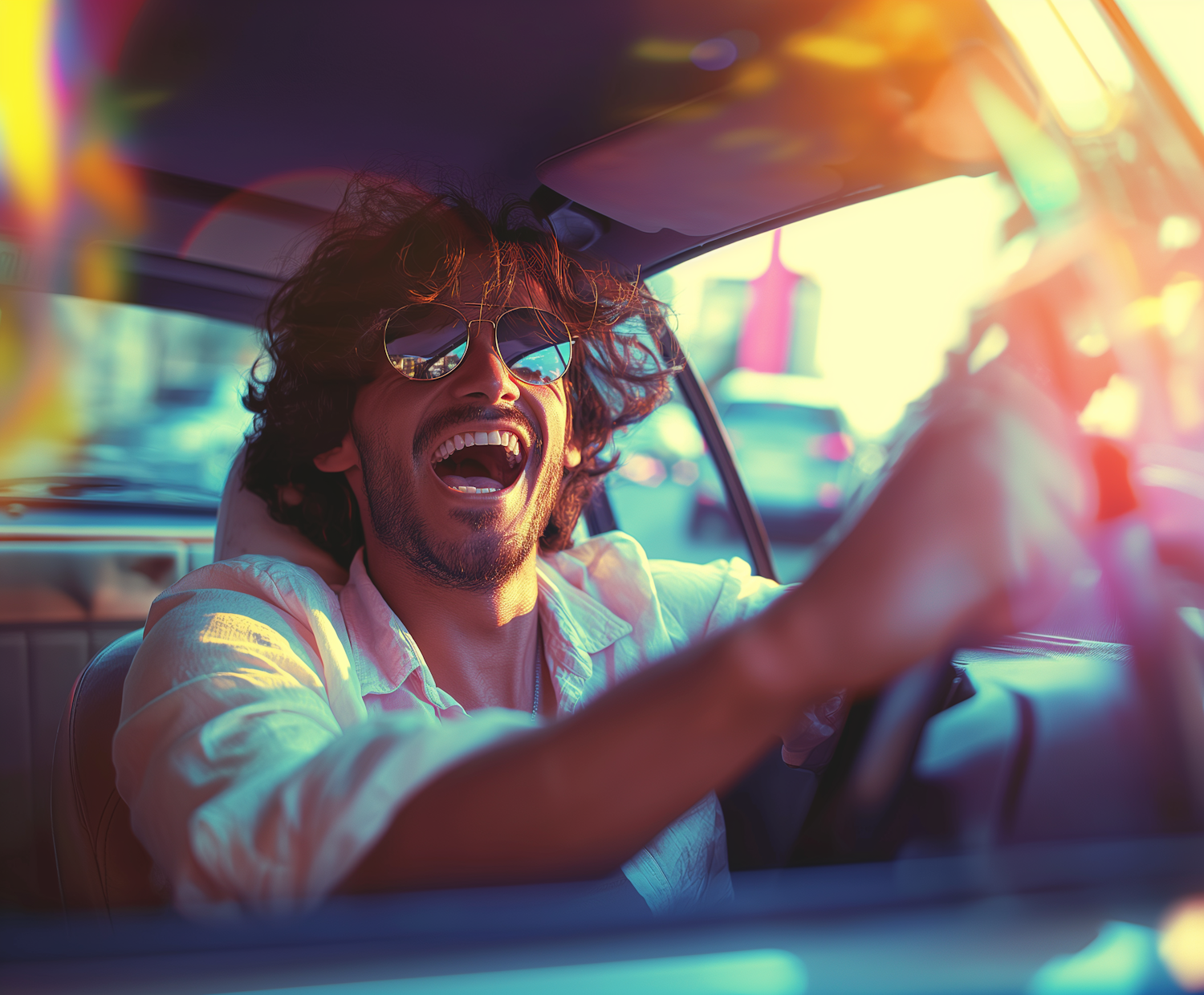 Joyful Man Driving Car