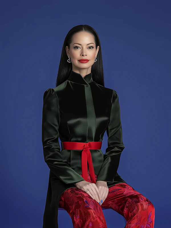 Elegant Woman in Red and Green Attire