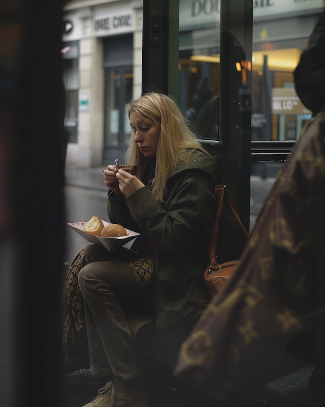 Woman Eating at Transport Stop